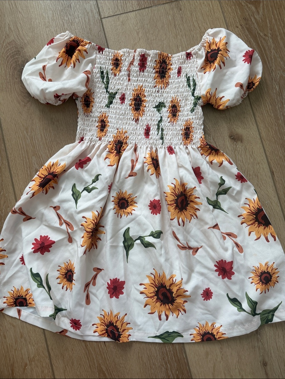 Sunflower Print White Puff Sleeve Kids Dress